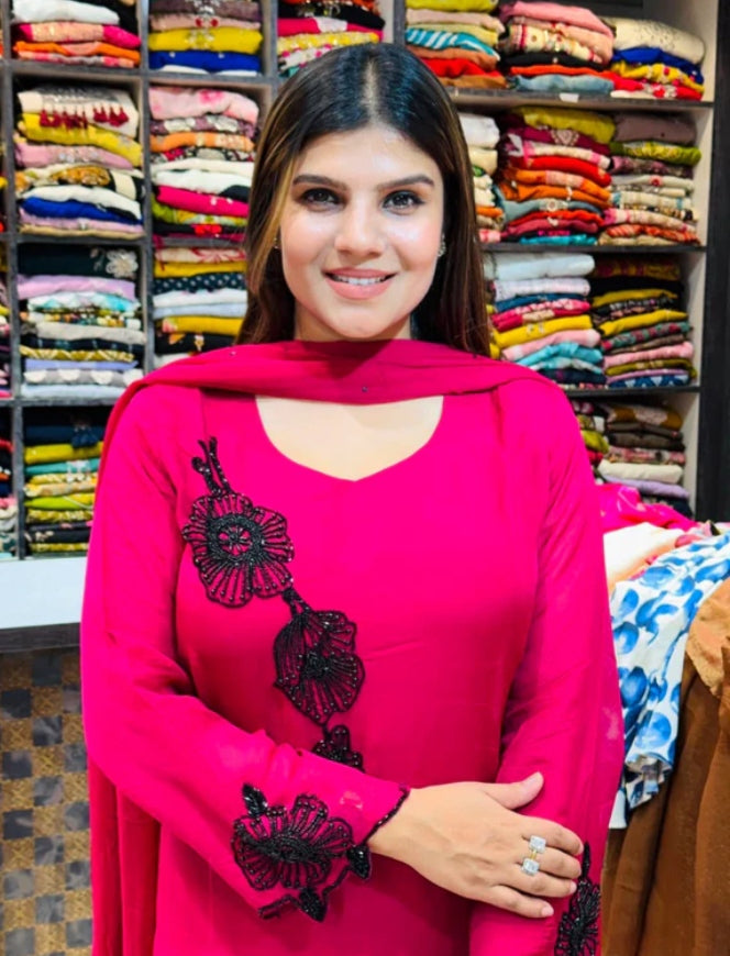 ROUGE™"Radiate confidence in vibrant pink, beautifully finished with exquisite black floral embroidery—where timeless elegance meets modern sophistication." ✨