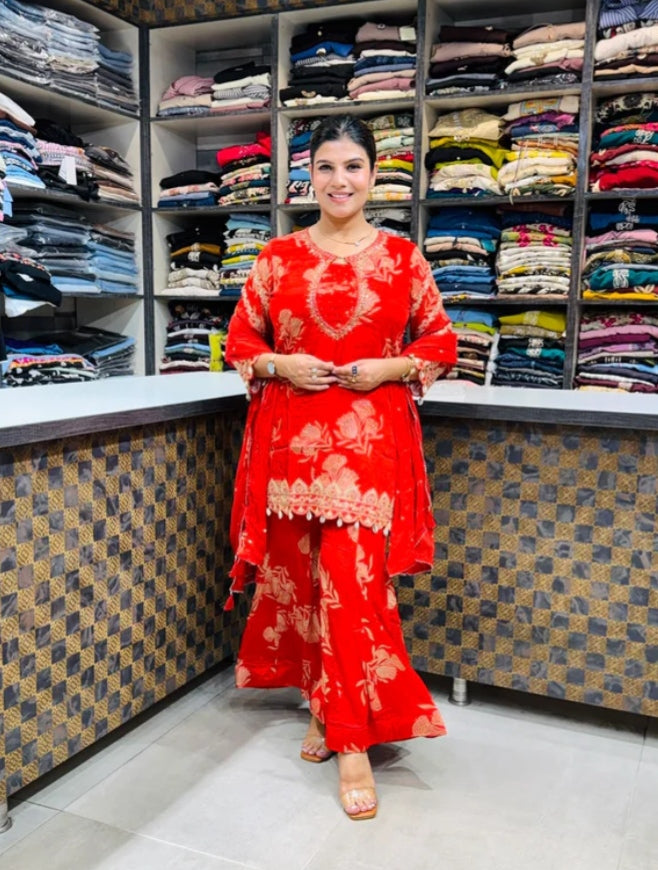 ZINNIA™The Colour of Celebration: "Make every special occasion more memorable with this classy red sharara set from us."