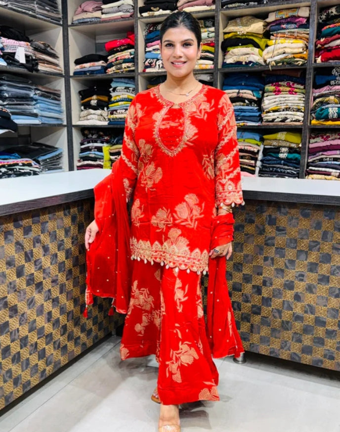 ZINNIA™The Colour of Celebration: "Make every special occasion more memorable with this classy red sharara set from us."