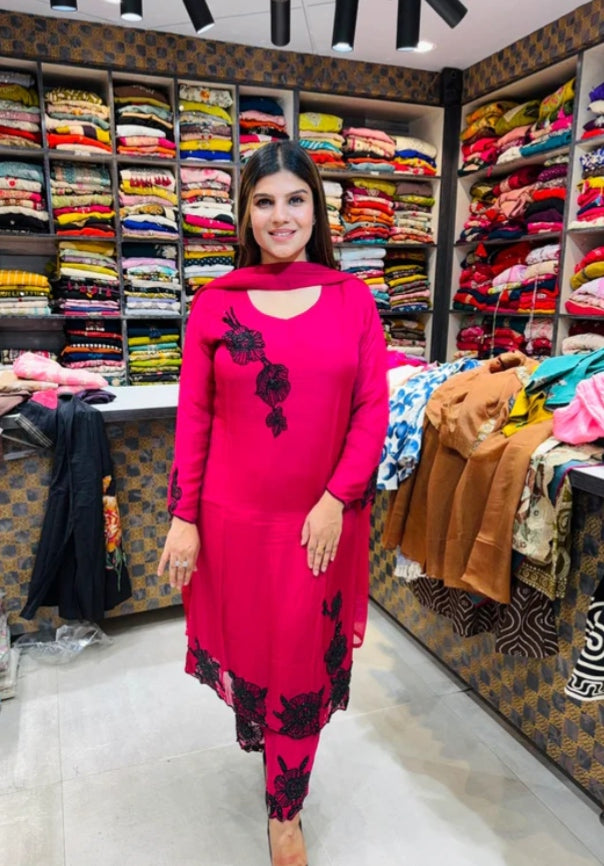 ROUGE™"Radiate confidence in vibrant pink, beautifully finished with exquisite black floral embroidery—where timeless elegance meets modern sophistication." ✨