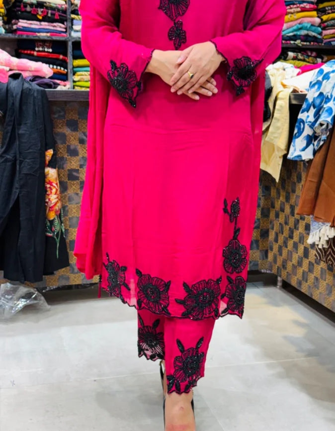 ROUGE™"Radiate confidence in vibrant pink, beautifully finished with exquisite black floral embroidery—where timeless elegance meets modern sophistication." ✨