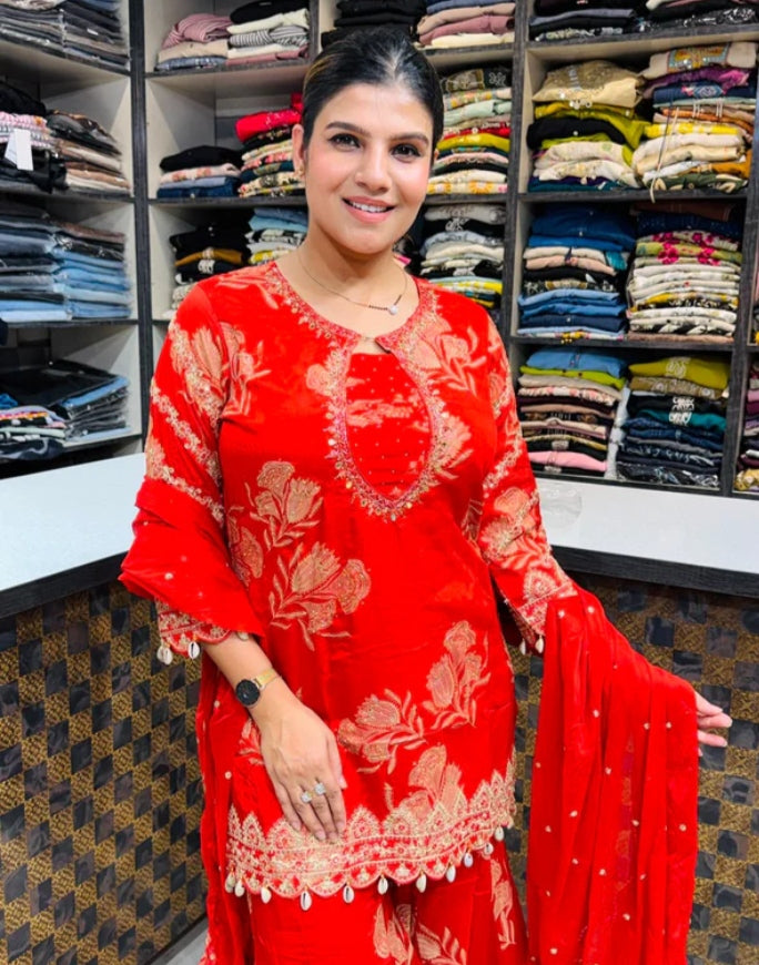 ZINNIA™The Colour of Celebration: "Make every special occasion more memorable with this classy red sharara set from us."